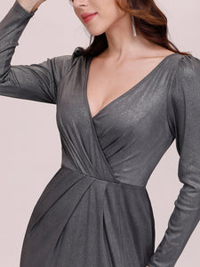 Color=Grey | Adorable V Neck Wholesale Evening Dress With Long Sleeves-Grey 5
