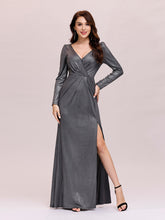 Load image into Gallery viewer, Color=Grey | Adorable V Neck Wholesale Evening Dress With Long Sleeves-Grey 4