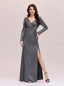 Color=Grey | Adorable V Neck Wholesale Evening Dress With Long Sleeves-Grey 4