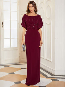 Color=Burgundy | Trendy Round Neck Floor Length Evening Dress For Women-Burgundy 1