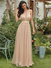 Load image into Gallery viewer, Color=Blush | Sexy Floor Length Deep V-Neck A-Line Tulle Backless Evening Dresses-Blush 6