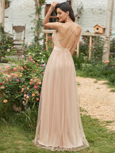 Load image into Gallery viewer, Color=Blush | Sexy Floor Length Deep V-Neck A-Line Tulle Backless Evening Dresses-Blush 7