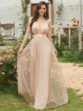 Load image into Gallery viewer, Color=Blush | Sexy Floor Length Deep V-Neck A-Line Tulle Backless Evening Dresses-Blush 8