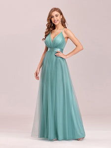 Color=Dusty Blue | Sexy Floor Length Deep V-Neck A-Line Tulle Backless Evening Dresses-Dusty Blue 3
