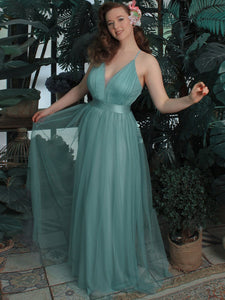 Color=Dusty Blue | Sexy Floor Length Deep V-Neck A-Line Tulle Backless Evening Dresses-Dusty Blue 6
