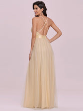 Load image into Gallery viewer, Color=Gold | Sexy Floor Length Deep V-Neck A-Line Tulle Backless Evening Dresses-Gold 2