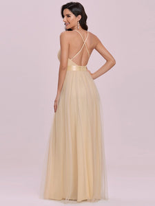 Color=Gold | Sexy Floor Length Deep V-Neck A-Line Tulle Backless Evening Dresses-Gold 2