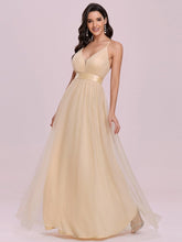 Load image into Gallery viewer, Color=Gold | Sexy Floor Length Deep V-Neck A-Line Tulle Backless Evening Dresses-Gold 3