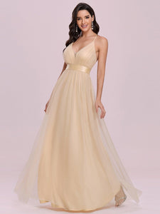 Color=Gold | Sexy Floor Length Deep V-Neck A-Line Tulle Backless Evening Dresses-Gold 3