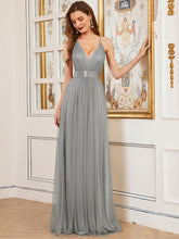 Load image into Gallery viewer, Color=Grey | Sexy Floor Length Deep V-Neck A-Line Tulle Backless Evening Dresses-Grey 6