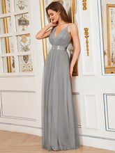 Load image into Gallery viewer, Color=Grey | Sexy Floor Length Deep V-Neck A-Line Tulle Backless Evening Dresses-Grey 8
