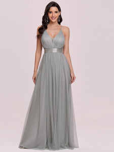 Color=Grey | Sexy Floor Length Deep V-Neck A-Line Tulle Backless Evening Dresses-Grey 5