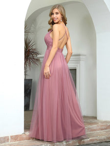 Color=Purple Orchid | Sexy Floor Length Deep V-Neck A-Line Tulle Backless Evening Dresses-Purple Orchid 2