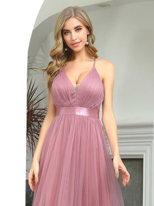 Color=Purple Orchid | Sexy Floor Length Deep V-Neck A-Line Tulle Backless Evening Dresses-Purple Orchid 5