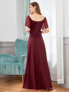 Color=Burgundy | Modest V-Neck Evening Dresses Wholesale With Short Ruffles Sleeves-Burgundy 2