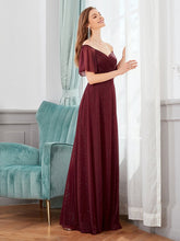 Load image into Gallery viewer, Color=Burgundy | Modest V-Neck Evening Dresses Wholesale With Short Ruffles Sleeves-Burgundy 3