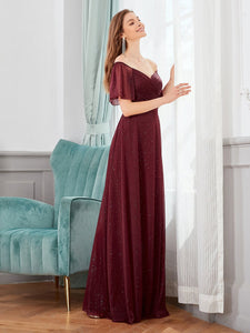Color=Burgundy | Modest V-Neck Evening Dresses Wholesale With Short Ruffles Sleeves-Burgundy 3