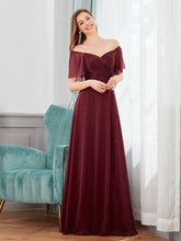 Load image into Gallery viewer, Color=Burgundy | Modest V-Neck Evening Dresses Wholesale With Short Ruffles Sleeves-Burgundy 4