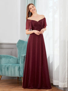 Color=Burgundy | Modest V-Neck Evening Dresses Wholesale With Short Ruffles Sleeves-Burgundy 4