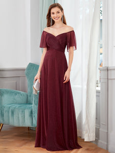 Color=Burgundy | Modest V-Neck Evening Dresses Wholesale With Short Ruffles Sleeves-Burgundy 1