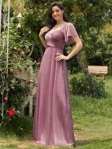 Color=Purple Orchid | Modest V-Neck Evening Dresses Wholesale With Short Ruffles Sleeves-Purple Orchid 9