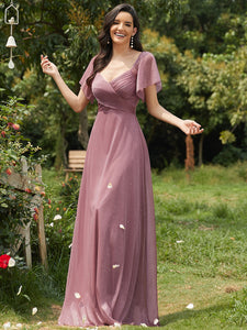 Color=Purple Orchid | Modest V-Neck Evening Dresses Wholesale With Short Ruffles Sleeves-Purple Orchid 10