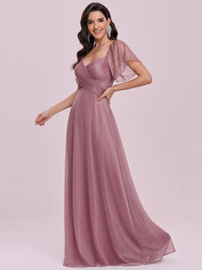 Color=Purple Orchid | Modest V-Neck Evening Dresses Wholesale With Short Ruffles Sleeves-Purple Orchid 4