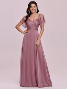 Color=Purple Orchid | Modest V-Neck Evening Dresses Wholesale With Short Ruffles Sleeves-Purple Orchid 1