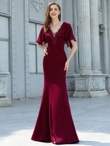 Color=Burgundy | Elegant Floor Length Deep V-Neck Mermaid Evening Dresses-Burgundy 4