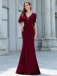 Color=Burgundy | Elegant Floor Length Deep V-Neck Mermaid Evening Dresses-Burgundy 1