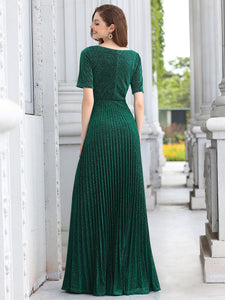 Color=Dark Green | Charming Deep V-Neck Floor Length Evening Dress With Pleated Decoration-Dark Green 5