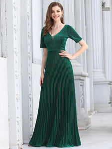 Color=Dark Green | Charming Deep V-Neck Floor Length Evening Dress With Pleated Decoration-Dark Green 4
