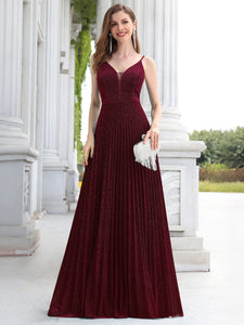 Color=Burgundy | Gorgeous Glittering V-Neck Sleeveless Evening Dresses With Pleated Decoration-Burgundy 4