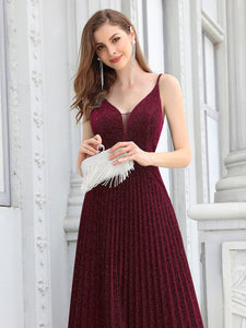 Color=Burgundy | Gorgeous Glittering V-Neck Sleeveless Evening Dresses With Pleated Decoration-Burgundy 5