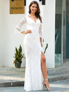 Color=Cream | Women'S V-Neck Floral Lace Side Split Wedding Dress With Long Sleeves-Cream 3