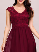 Load image into Gallery viewer, Color=Burgundy | Classic Floral Lace V Neck Cap Sleeve Chiffon Evening Dress-Burgundy 3