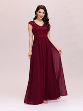 Load image into Gallery viewer, Color=Burgundy | Classic Floral Lace V Neck Cap Sleeve Chiffon Evening Dress-Burgundy 1