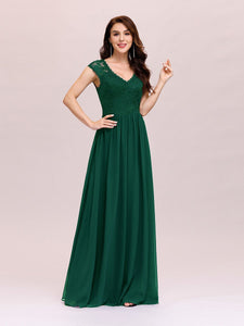 Color=Dark Green | Classic Floral Lace V Neck Cap Sleeve Chiffon Evening Dress-Dark Green 3