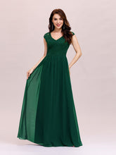 Load image into Gallery viewer, Color=Dark Green | Classic Floral Lace V Neck Cap Sleeve Chiffon Evening Dress-Dark Green 4