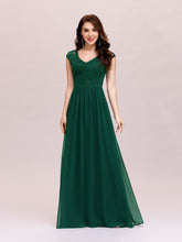 Load image into Gallery viewer, Color=Dark Green | Classic Floral Lace V Neck Cap Sleeve Chiffon Evening Dress-Dark Green 1