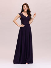 Load image into Gallery viewer, Color=Dark Purple | Classic Floral Lace V Neck Cap Sleeve Chiffon Evening Dress-Dark Purple 3