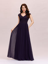 Load image into Gallery viewer, Color=Dark Purple | Classic Floral Lace V Neck Cap Sleeve Chiffon Evening Dress-Dark Purple 4