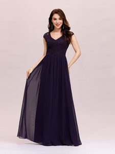 Color=Dark Purple | Classic Floral Lace V Neck Cap Sleeve Chiffon Evening Dress-Dark Purple 4