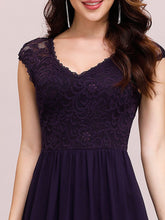 Load image into Gallery viewer, Color=Dark Purple | Classic Floral Lace V Neck Cap Sleeve Chiffon Evening Dress-Dark Purple 5