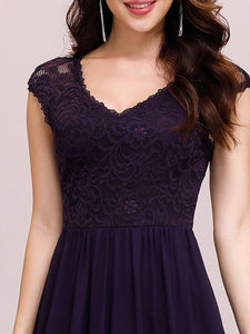 Color=Dark Purple | Classic Floral Lace V Neck Cap Sleeve Chiffon Evening Dress-Dark Purple 5