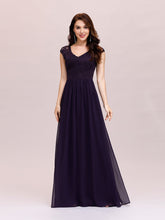 Load image into Gallery viewer, Color=Dark Purple | Classic Floral Lace V Neck Cap Sleeve Chiffon Evening Dress-Dark Purple 1