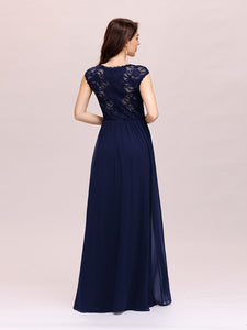 Color=Navy Blue | Classic Floral Lace V Neck Cap Sleeve Chiffon Evening Dress-Navy Blue 2