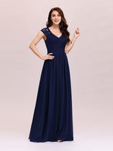 Load image into Gallery viewer, Color=Navy Blue | Classic Floral Lace V Neck Cap Sleeve Chiffon Evening Dress-Navy Blue 3