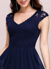 Load image into Gallery viewer, Color=Navy Blue | Classic Floral Lace V Neck Cap Sleeve Chiffon Evening Dress-Navy Blue 5