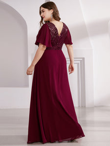 Color=Burgundy | Long Empire Waist Chiffon Evening Dress With Sequin-Burgundy 7